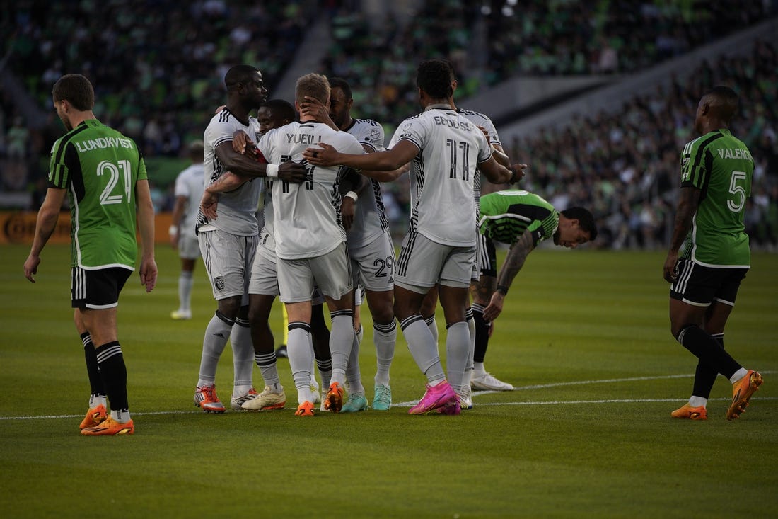 Apr 29, 2023; Austin, Texas, USA; San Jose Earthquakes midfielder Jackson Yueill (14) celebrates with teammates after scoring a goal against against the Austin FC on April 29, 2023 at Q2 Stadium. Mandatory Credit: Dustin Safranek-USA TODAY Sports