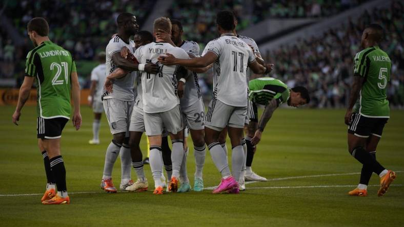 Apr 29, 2023; Austin, Texas, USA; San Jose Earthquakes midfielder Jackson Yueill (14) celebrates with teammates after scoring a goal against against the Austin FC on April 29, 2023 at Q2 Stadium. Mandatory Credit: Dustin Safranek-USA TODAY Sports