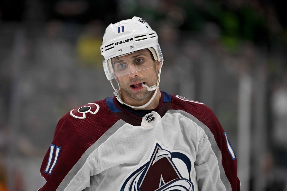 Mar 4, 2023; Dallas, Texas, USA; Colorado Avalanche center Andrew Cogliano (11) in action during the game between the Dallas Stars and the Colorado Avalanche at the American Airlines Center. Mandatory Credit: Jerome Miron-USA TODAY Sports