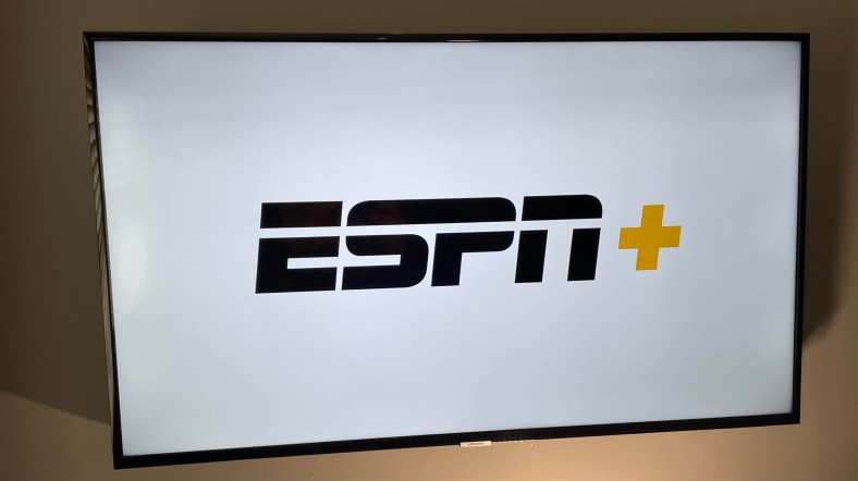 ESPN Plus logo on hanging flatscreen TV