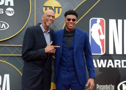 June 24, 2019; Los Angeles, CA, USA; Milwaukee Bucks forward Giannis Antetokounmpo poses with former player Kareem Abdul-Jabbar arrives on the red carpet for the 2019 NBA Awards show at Barker Hanger. Mandatory Credit: Gary A. Vasquez-USA TODAY Sports