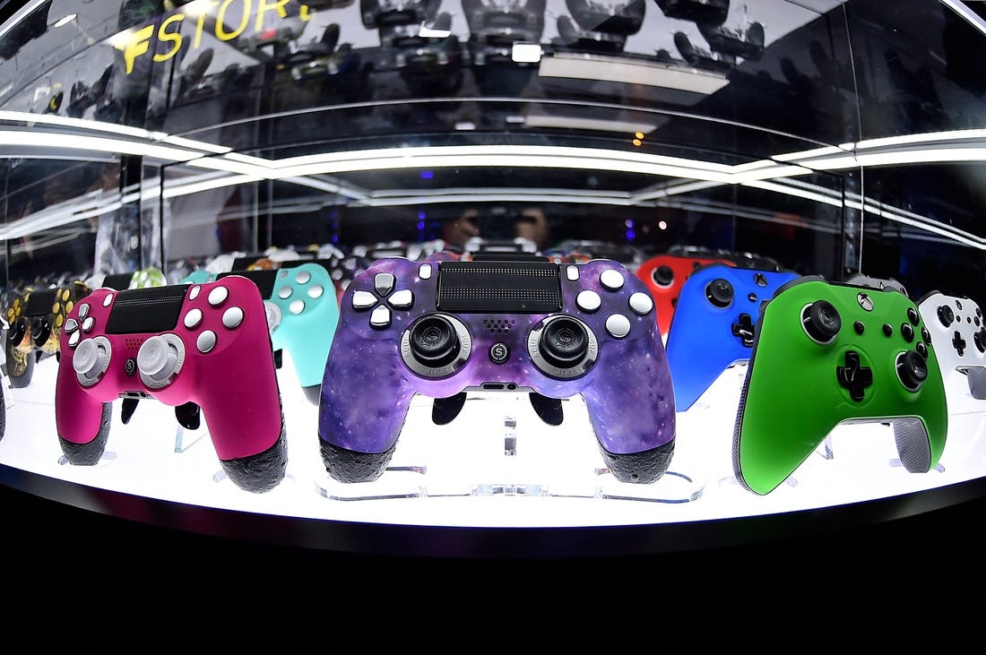 Jul 21, 2019; Miami Beach, FL, USA; A general view of gaming controllers on display during the Call of Duty League Finals e-sports event at Miami Beach Convention Center. Mandatory Credit: Jasen Vinlove-USA TODAY Sports