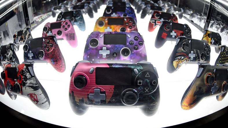 Jul 21, 2019; Miami Beach, FL, USA; A general view of gaming controllers on display during the Call of Duty League Finals e-sports event at Miami Beach Convention Center. Mandatory Credit: Jasen Vinlove-USA TODAY Sports