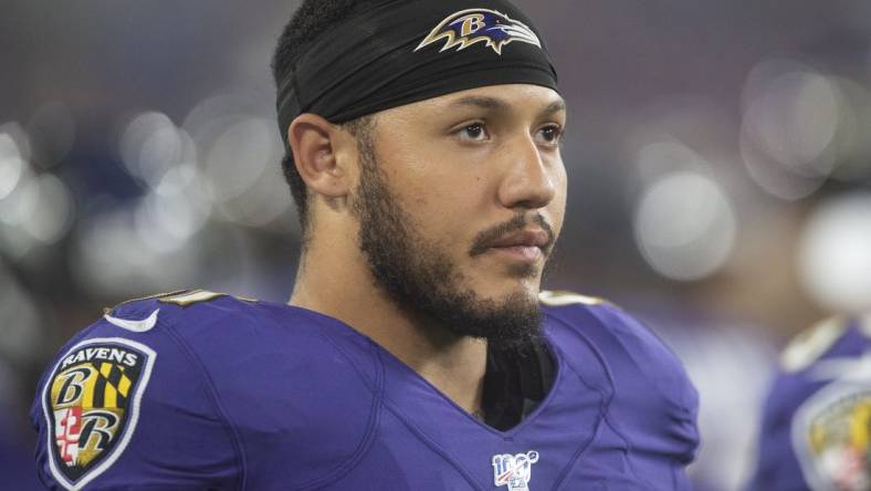 Aug 8, 2019; Baltimore, MD, USA; Baltimore Ravens linebacker Shane Ray (91) stands on the sidelines during the second quarter against the Jacksonville Jaguars at M&T Bank Stadium. Mandatory Credit: Tommy Gilligan-USA TODAY Sports