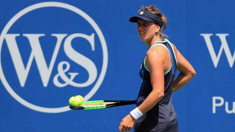 Aug 10, 2019; Mason, OH, USA; Barbora Strycova (CZE) reacts against Kaia Kanepi (EST) during the Western and Southern Open tennis tournament at Lindner Family Tennis Center. Mandatory Credit: Aaron Doster-USA TODAY Sports