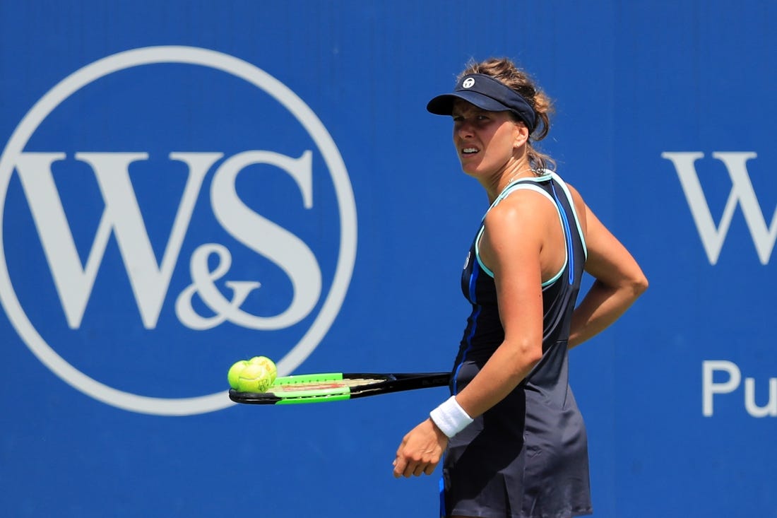 Aug 10, 2019; Mason, OH, USA; Barbora Strycova (CZE) reacts against Kaia Kanepi (EST) during the Western and Southern Open tennis tournament at Lindner Family Tennis Center. Mandatory Credit: Aaron Doster-USA TODAY Sports