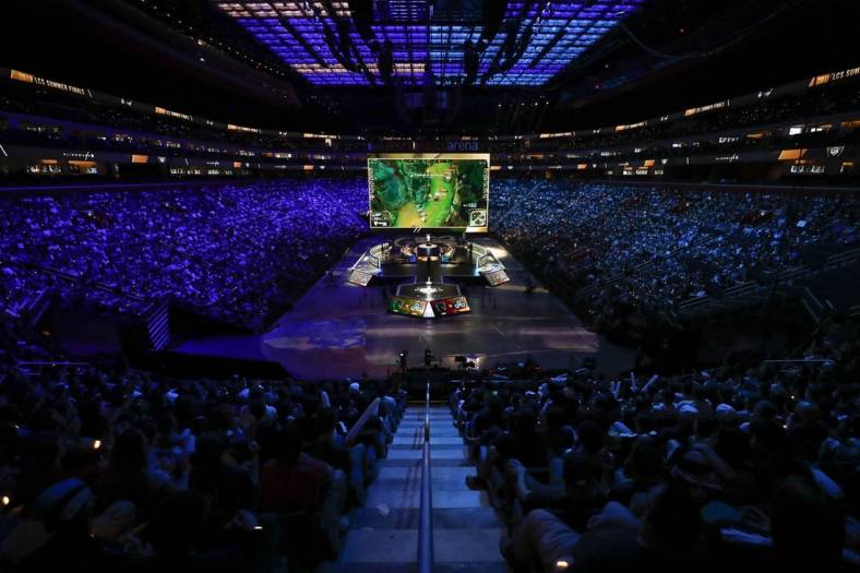 Aug 25, 2019; Detroit, MI, USA; Team Liquid (center left) competes against Cloud9 (center right) during the LCS Summer Finals event at Little Caesars Arena. Mandatory Credit: Raj Mehta-USA TODAY Sports