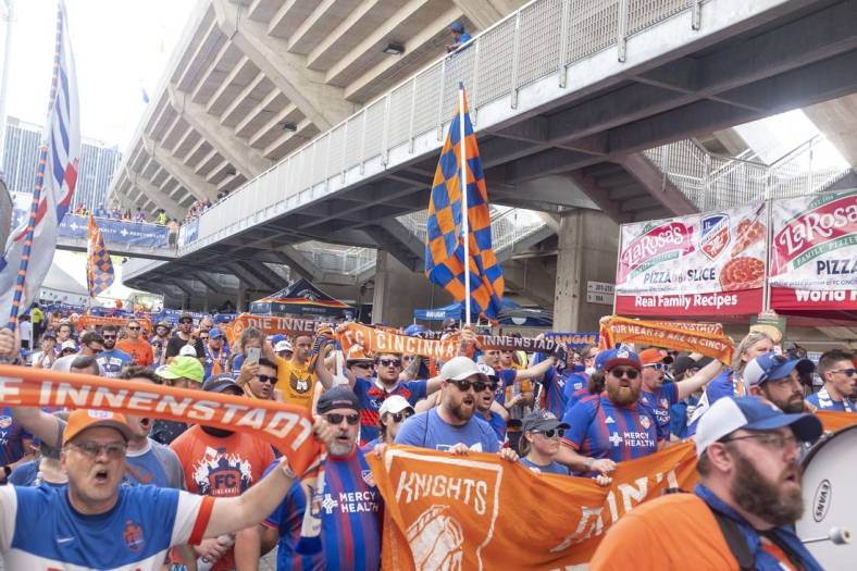 Fans march into Nippert Stadium prior the first half of the MLS soccer match between FC Cincinnati and New England Revolution on Sunday, July 21, 2019 in Cincinnati.

Fc Cincinnati Vs Ne Revolution