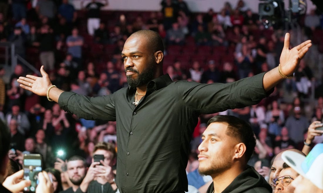 Feb 15, 2020; Rio Rancho, New Mexico, USA; UFC fighter Jon Jones attends the light heavyweight bout between Jan Blachowicz (blue) and Corey Anderson (red) during UFC Fight Night at Santa Ana Star Arena. Mandatory Credit: Kirby Lee-USA TODAY Sports