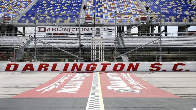 May 17, 2020, Darlington, SC, USA; The grandstands are empty at Darlington Raceway before the NASCAR Cup Series auto race. Mandatory Credit: Brynn Anderson/Pool Photo via USA TODAY Network