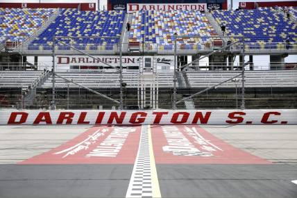 May 17, 2020, Darlington, SC, USA; The grandstands are empty at Darlington Raceway before the NASCAR Cup Series auto race. Mandatory Credit: Brynn Anderson/Pool Photo via USA TODAY Network