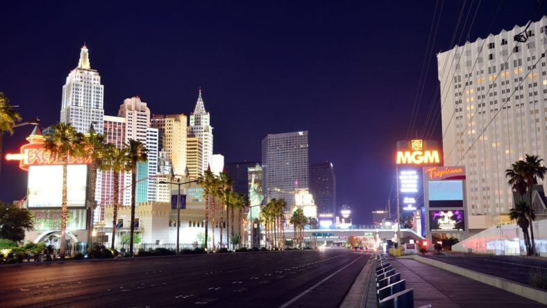 May 29, 2020; Las Vegas, Nevada, USA; General view looking at Las Vegas Blvd southbound at New York New York, Tropicana hotel and casinos. Las Vegas casinos and hotels have been shut down for over two months due to the COVID-19 pandemic. Nevada governor Steve Sisolak announced most hotel casinos will reopen June 4 with precautions in place to minimize the spread of COVID-19.  Mandatory Credit: Gary A. Vasquez-USA TODAY NETWORK