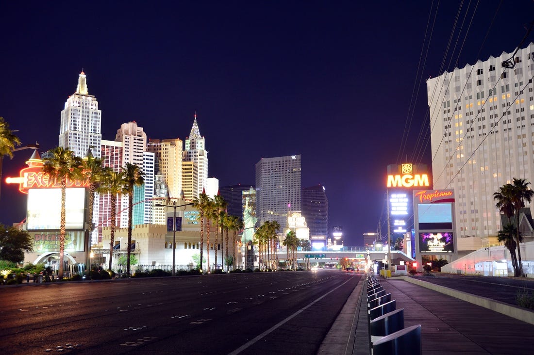 May 29, 2020; Las Vegas, Nevada, USA; General view looking at Las Vegas Blvd southbound at New York New York, Tropicana hotel and casinos. Las Vegas casinos and hotels have been shut down for over two months due to the COVID-19 pandemic. Nevada governor Steve Sisolak announced most hotel casinos will reopen June 4 with precautions in place to minimize the spread of COVID-19.  Mandatory Credit: Gary A. Vasquez-USA TODAY NETWORK