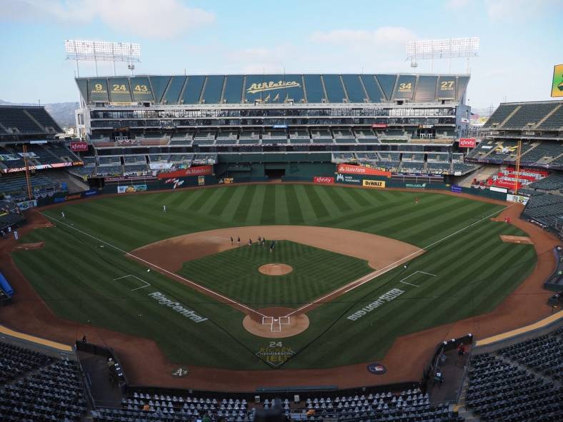 Jul 24, 2020; Oakland, California, USA; An empty stadium before the game between the Oakland Athletics and Los Angeles Angels at Oakland Coliseum. Mandatory Credit: Kelley L Cox-USA TODAY Sports