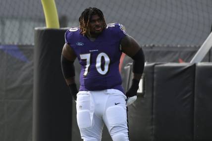 Aug 17, 2020; Owings Mills, Maryland, USA;  Baltimore Ravens guard D.J. Fluker (70) stands on the field during training camp at Under Armour Performance Center. Mandatory Credit: Tommy Gilligan-USA TODAY Sports
