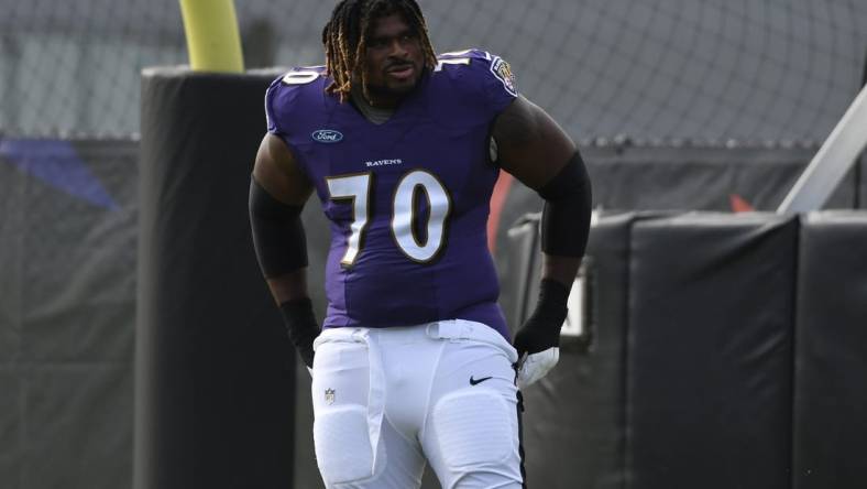 Aug 17, 2020; Owings Mills, Maryland, USA;  Baltimore Ravens guard D.J. Fluker (70) stands on the field during training camp at Under Armour Performance Center. Mandatory Credit: Tommy Gilligan-USA TODAY Sports