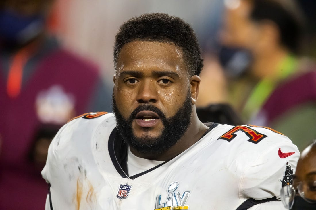 Feb 4, 2021; Tampa, FL, USA;  Tampa Bay Buccaneers offensive tackle Donovan Smith (76) against the Kansas City Chiefs in Super Bowl LV at Raymond James Stadium.  Mandatory Credit: Mark J. Rebilas-USA TODAY Sports