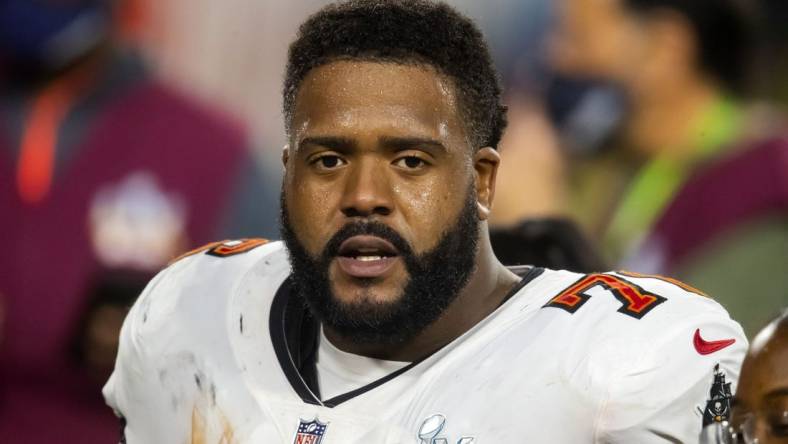 Feb 4, 2021; Tampa, FL, USA;  Tampa Bay Buccaneers offensive tackle Donovan Smith (76) against the Kansas City Chiefs in Super Bowl LV at Raymond James Stadium.  Mandatory Credit: Mark J. Rebilas-USA TODAY Sports