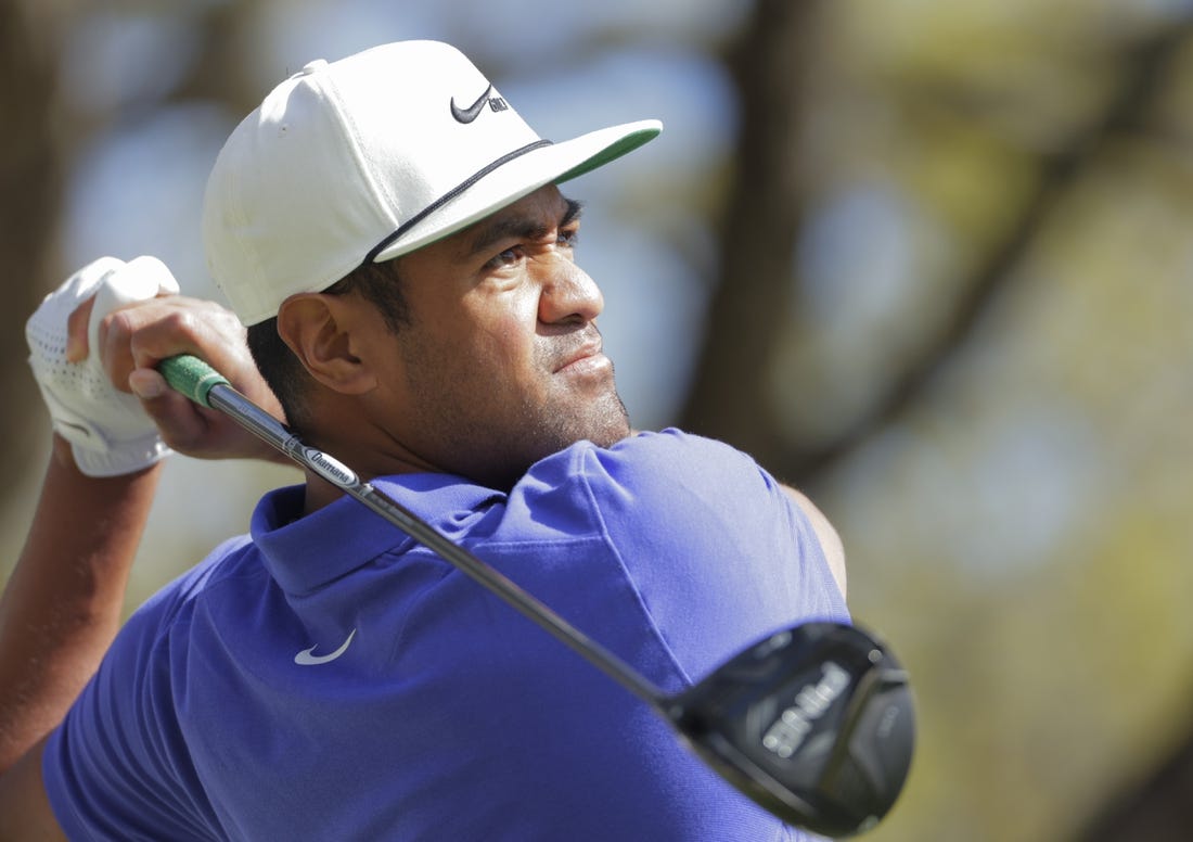 Mar 25, 2021; Austin, Texas, USA; Tony Finau on #1 tee box during the second day of the WGC Dell Technologies Match Play golf tournament at Austin Country Club. Mandatory Credit: Erich Schlegel-USA TODAY Sports