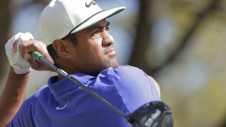 Mar 25, 2021; Austin, Texas, USA; Tony Finau on #1 tee box during the second day of the WGC Dell Technologies Match Play golf tournament at Austin Country Club. Mandatory Credit: Erich Schlegel-USA TODAY Sports