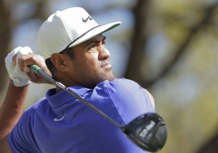 Mar 25, 2021; Austin, Texas, USA; Tony Finau on #1 tee box during the second day of the WGC Dell Technologies Match Play golf tournament at Austin Country Club. Mandatory Credit: Erich Schlegel-USA TODAY Sports