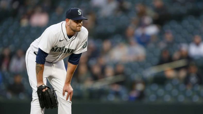 Apr 6, 2021; Seattle, Washington, USA; Seattle Mariners starting pitcher James Paxton (44) reacts following an injury during the second inning against the Chicago White Sox at T-Mobile Park. Mandatory Credit: Joe Nicholson-USA TODAY Sports