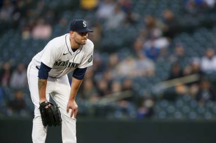 Apr 6, 2021; Seattle, Washington, USA; Seattle Mariners starting pitcher James Paxton (44) reacts following an injury during the second inning against the Chicago White Sox at T-Mobile Park. Mandatory Credit: Joe Nicholson-USA TODAY Sports