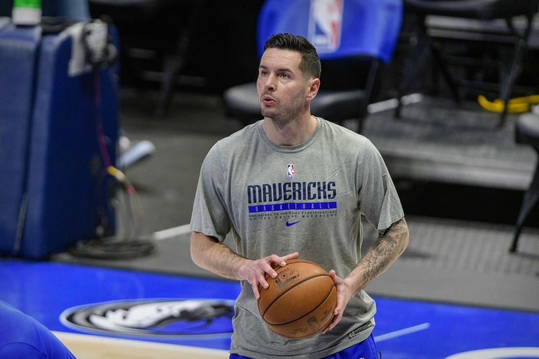 Apr 12, 2021; Dallas, Texas, USA; Dallas Mavericks guard JJ Redick (17) warms up before the game against the Philadelphia 76ers at the American Airlines Center. Mandatory Credit: Jerome Miron-USA TODAY Sports