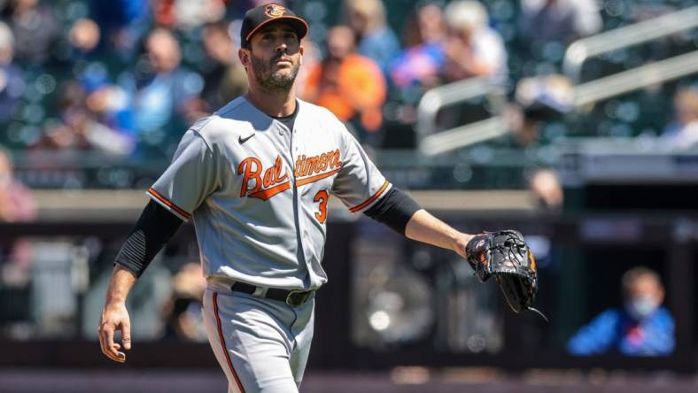 May 12, 2021; New York City, New York, USA; Baltimore Orioles starting pitcher Matt Harvey (32) looks up while walking off of the field during the fifth inning against the New York Mets at Citi Field. Mandatory Credit: Vincent Carchietta-USA TODAY Sports