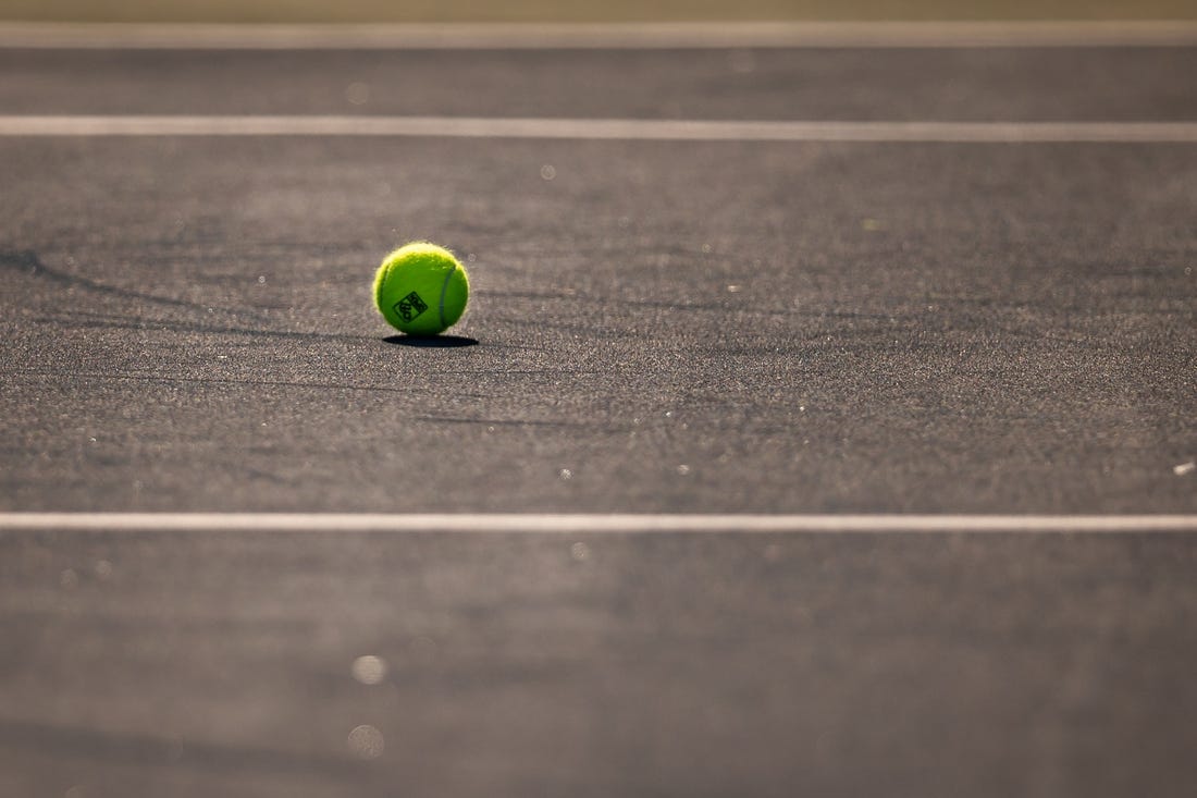 Aug 8, 2021; Washington, DC, USA; A ball with the Citi Open logo is seen on the court during the singles final match at Citi Open at Rock Creek Park Tennis Center. Mandatory Credit: Scott Taetsch-USA TODAY Sports