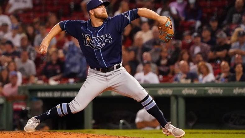 Sep 7, 2021; Boston, Massachusetts, USA; Tampa Bay Rays relief pitcher David Hess (60) throws a pitch against the Boston Red Sox in the eighth inning at Fenway Park. Mandatory Credit: David Butler II-USA TODAY Sports