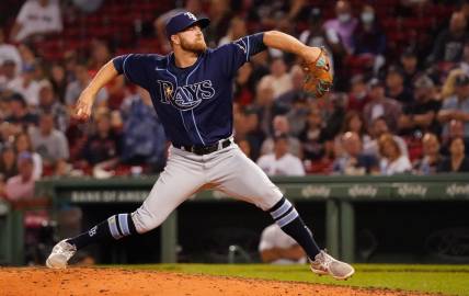 Sep 7, 2021; Boston, Massachusetts, USA; Tampa Bay Rays relief pitcher David Hess (60) throws a pitch against the Boston Red Sox in the eighth inning at Fenway Park. Mandatory Credit: David Butler II-USA TODAY Sports