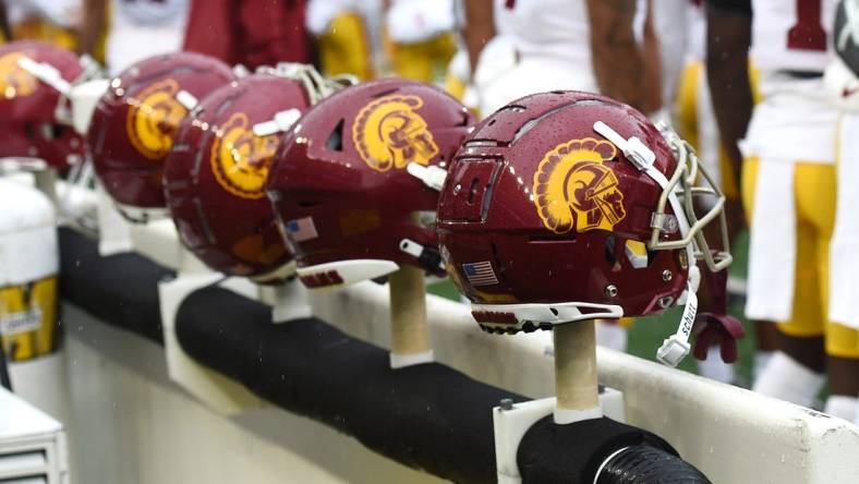 Sep 18, 2021; Pullman, Washington, USA; USC Trojans helmets sit during a game against the Washington State Cougars in the first half at Gesa Field at Martin Stadium. Mandatory Credit: James Snook-USA TODAY Sports