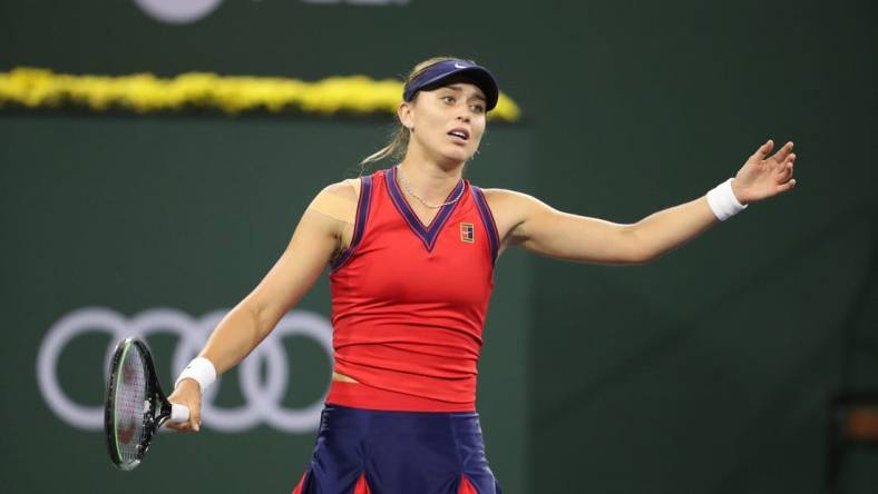 Paula Badosa reacts during her semifinal win against Ons Jabeur at the BNP Paribas in Indian Wells, Calif., on October 15, 2021.

Paula Badosa Vs Ons Jabeur Bnp Paribas2217