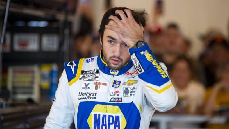 Nov 6, 2021; Avondale, Arizona, USA; NASCAR Cup Series driver Chase Elliott reacts during qualifying for the Cup Series Championship race at Phoenix Raceway. Mandatory Credit: Mark J. Rebilas-USA TODAY Sports