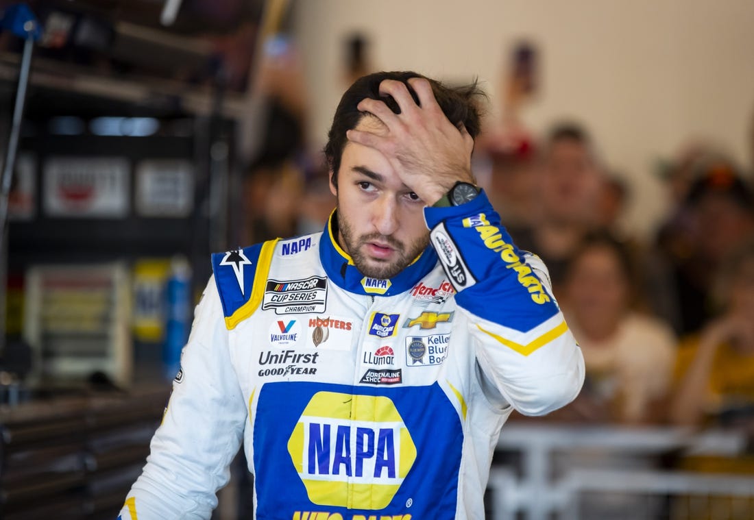 Nov 6, 2021; Avondale, Arizona, USA; NASCAR Cup Series driver Chase Elliott reacts during qualifying for the Cup Series Championship race at Phoenix Raceway. Mandatory Credit: Mark J. Rebilas-USA TODAY Sports