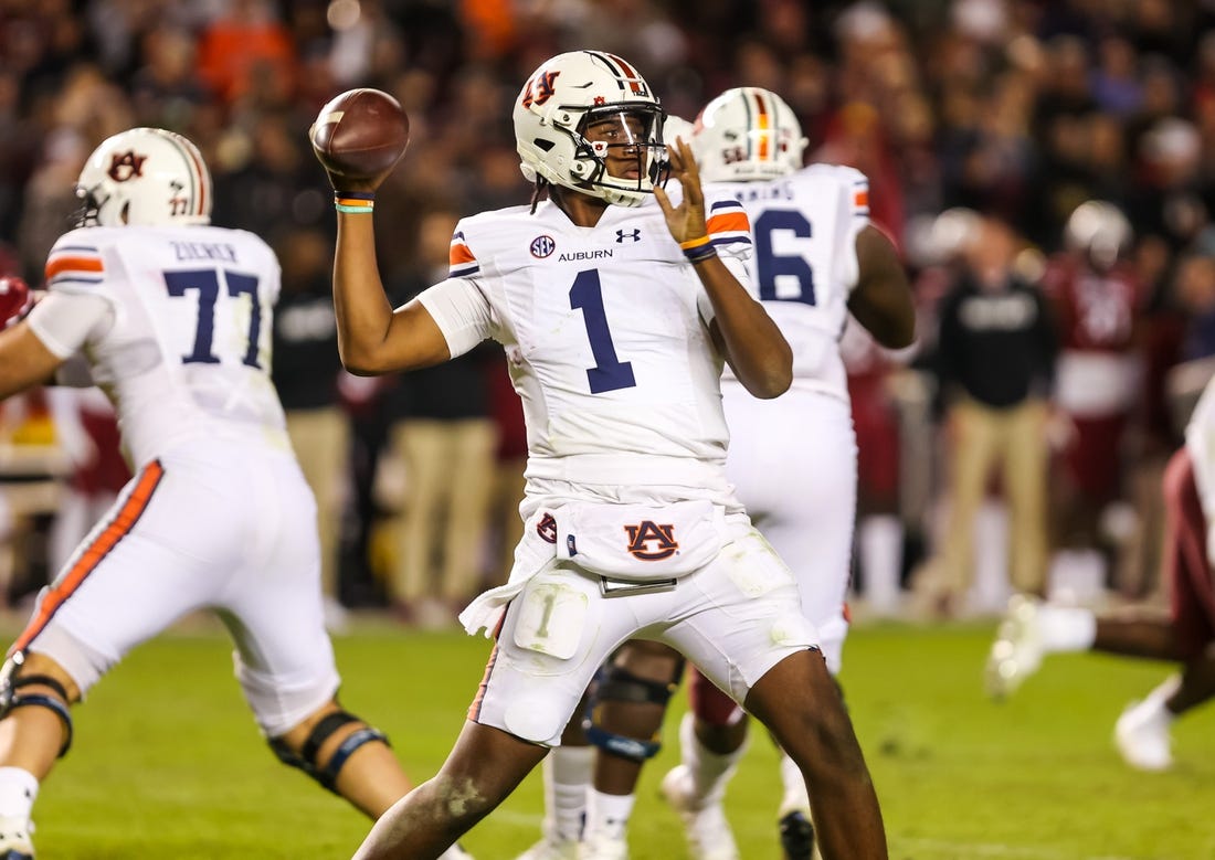 Nov 20, 2021; Columbia, South Carolina, USA; Auburn Tigers quarterback TJ Finley (1) passes against the South Carolina Gamecocks in the third quarter at Williams-Brice Stadium. Mandatory Credit: Jeff Blake-USA TODAY Sports