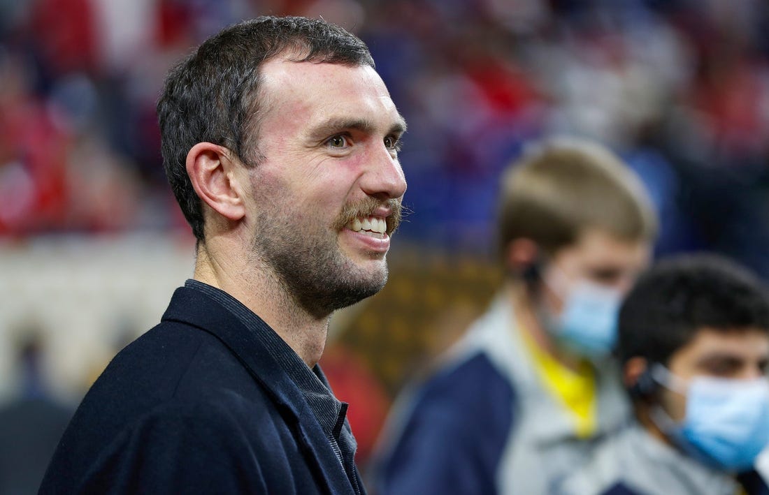 Andrew Luck makes an appearance on the field before the start of the College Football Playoff National Championship on Monday, Jan. 10, 2022, at Lucas Oil Stadium in Indianapolis.

Alabama Crimson Tide Versus Georgia Bulldogs On Monday Jan 10 2022 College Football Playoff National Championship At Lucas Oil Stadium In Indianapolis