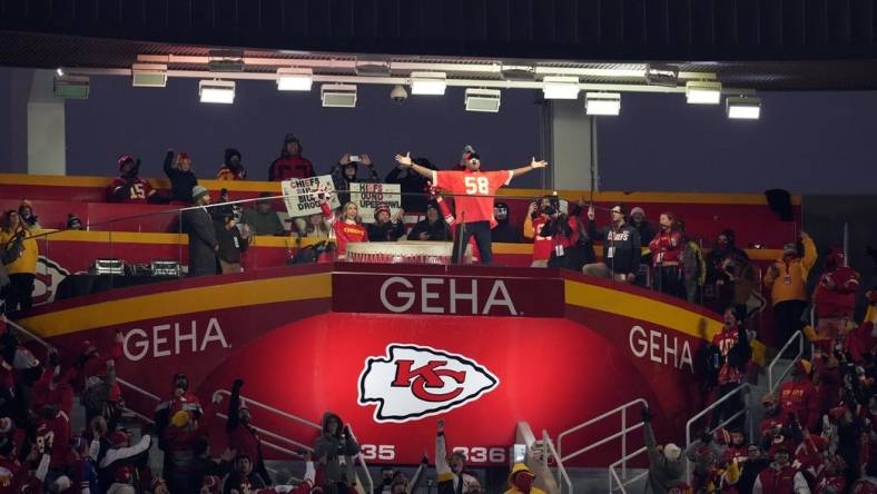 Jan 23, 2022; Kansas City, Missouri, USA; Former Kansas City Chiefs defensive end Neil Smith cheers on the fans at the drum before the start the AFC Divisional playoff football game against the Buffalo Bills at GEHA Field at Arrowhead Stadium. Mandatory Credit: Jay Biggerstaff-USA TODAY Sports