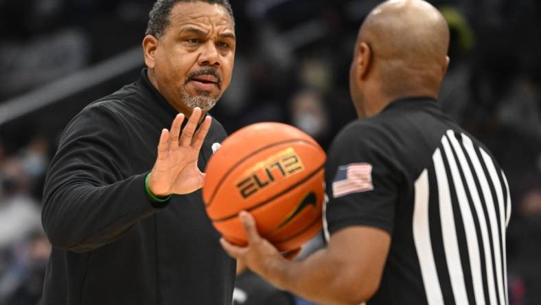 Feb 6, 2022; Washington, District of Columbia, USA; Providence Friars head coach Ed Cooley talks with an official against the Georgetown Hoyas during the second half at Capital One Arena. Mandatory Credit: Brad Mills-USA TODAY Sports