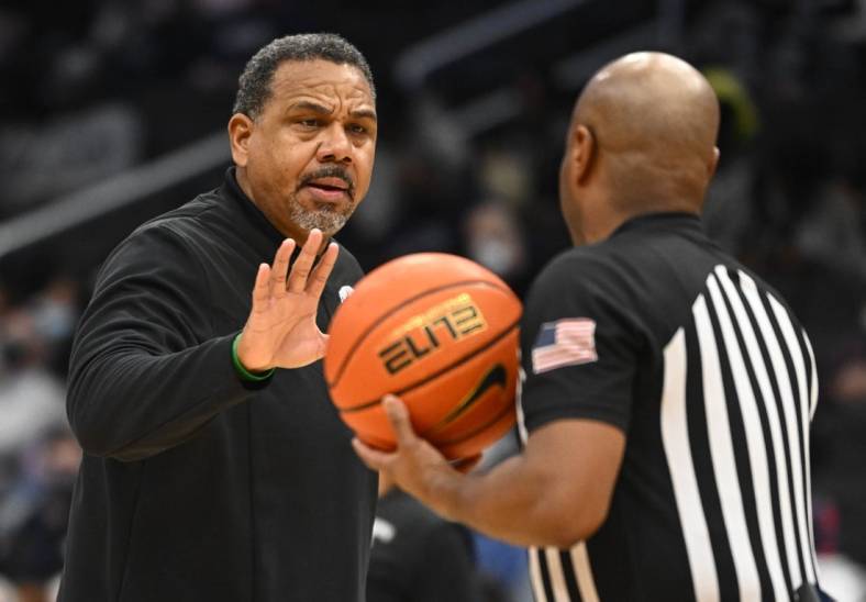 Feb 6, 2022; Washington, District of Columbia, USA; Providence Friars head coach Ed Cooley talks with an official against the Georgetown Hoyas during the second half at Capital One Arena. Mandatory Credit: Brad Mills-USA TODAY Sports
