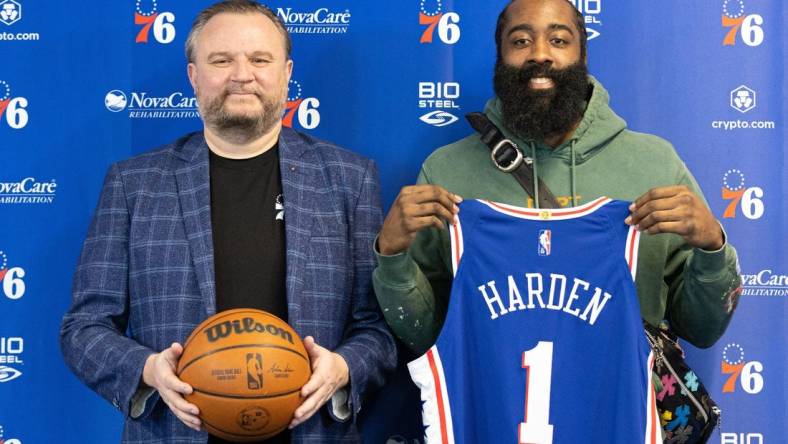 Feb 15, 2022; Camden, NJ, USA; Philadelphia 76ers guard James Harden (1) and president of basketball operations Daryl Morey (L) pose for a photo after speaking with the media at Philadelphia 76ers Training Complex. Mandatory Credit: Bill Streicher-USA TODAY Sports