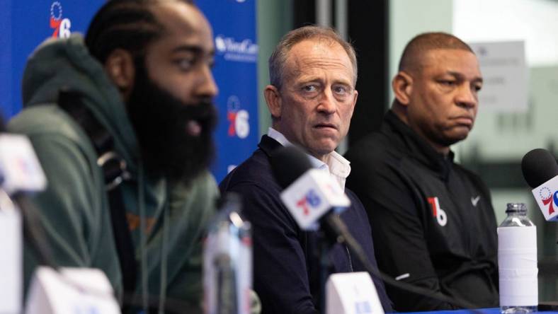 Feb 15, 2022; Camden, NJ, USA; Philadelphia 76ers owner Josh Harris looks on as James Harden speaks with the media during a press conference at Philadelphia 76ers Training Complex. Mandatory Credit: Bill Streicher-USA TODAY Sports