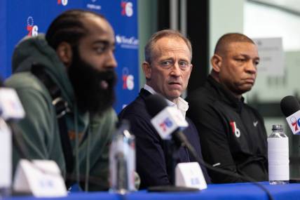 Feb 15, 2022; Camden, NJ, USA; Philadelphia 76ers owner Josh Harris looks on as James Harden speaks with the media during a press conference at Philadelphia 76ers Training Complex. Mandatory Credit: Bill Streicher-USA TODAY Sports