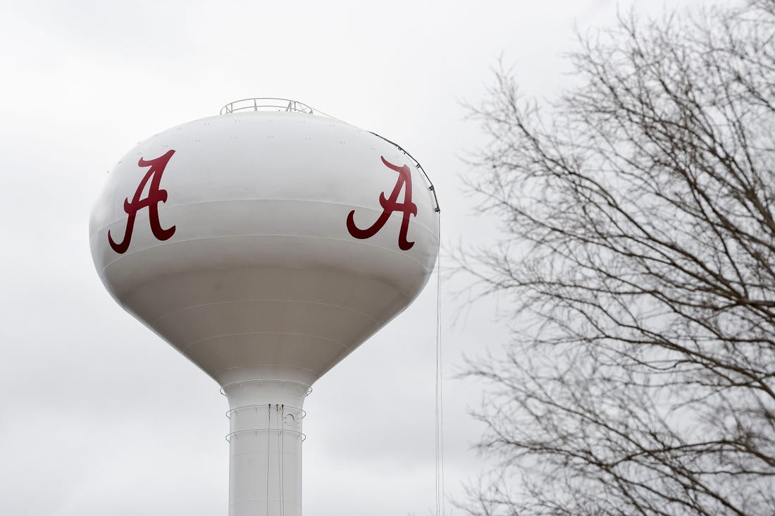 The water tower under construction at the corner of Campus Drive West and Riverside Drive now has it's script "A" University of Alabama logo seen Thursday, Feb. 17, 2022.

Script A Water Tower