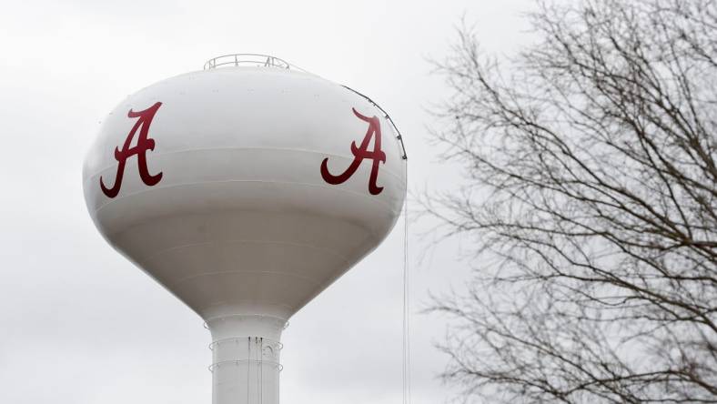 The water tower under construction at the corner of Campus Drive West and Riverside Drive now has it's script "A" University of Alabama logo seen Thursday, Feb. 17, 2022.

Script A Water Tower