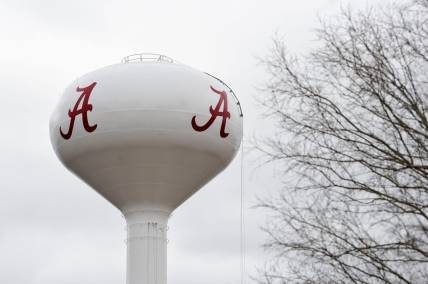 The water tower under construction at the corner of Campus Drive West and Riverside Drive now has it's script "A" University of Alabama logo seen Thursday, Feb. 17, 2022.

Script A Water Tower