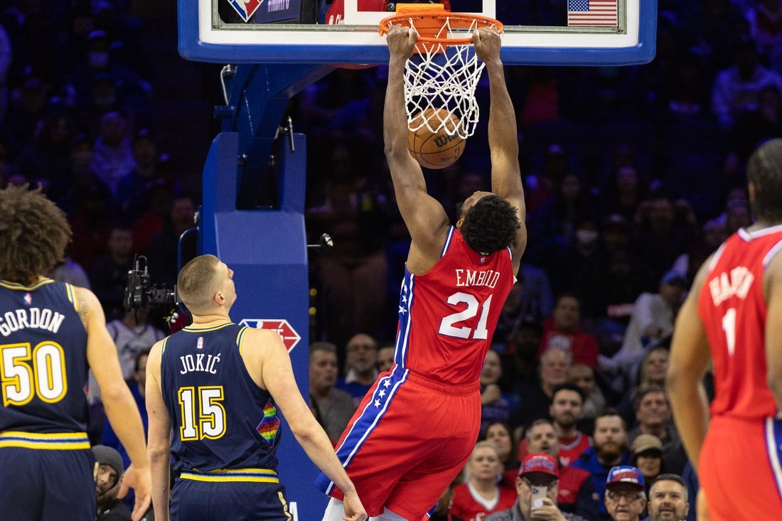 Philadelphia 76ers center Joel Embiid claimed his first MVP award, taking the trophy from back-to-back MVP Nikola Jokic. Mandatory Credit: Bill Streicher-USA TODAY Sports