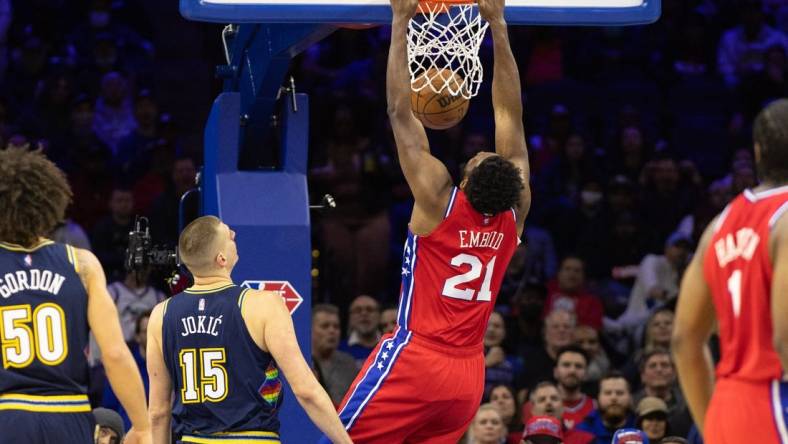 Philadelphia 76ers center Joel Embiid claimed his first MVP award, taking the trophy from back-to-back MVP Nikola Jokic. Mandatory Credit: Bill Streicher-USA TODAY Sports