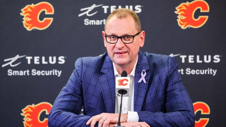 Mar 16, 2022; Calgary, Alberta, CAN; Calgary Flames General Manager Brad Treliving during interview prior to the game against the New Jersey Devils at Scotiabank Saddledome. Mandatory Credit: Sergei Belski-USA TODAY Sports